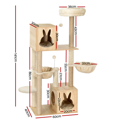 i.Pet Cat Tree 141cm Tower Scratching Post Scratcher Wood Bed Condo Toys House Ladder