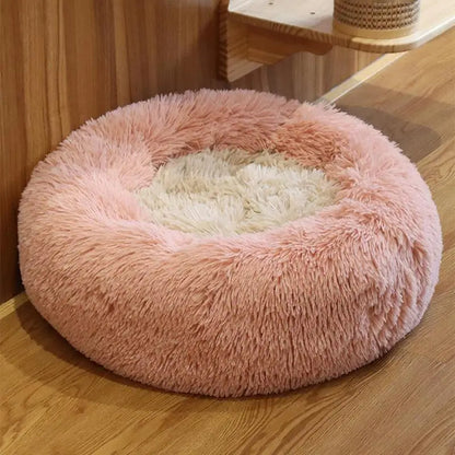 Medium-50cm peach PawfectFriend Dog Pet Cat Calming Bed Plush Beds Large Fluffy Donut Comfy Cushion Puppy Mat