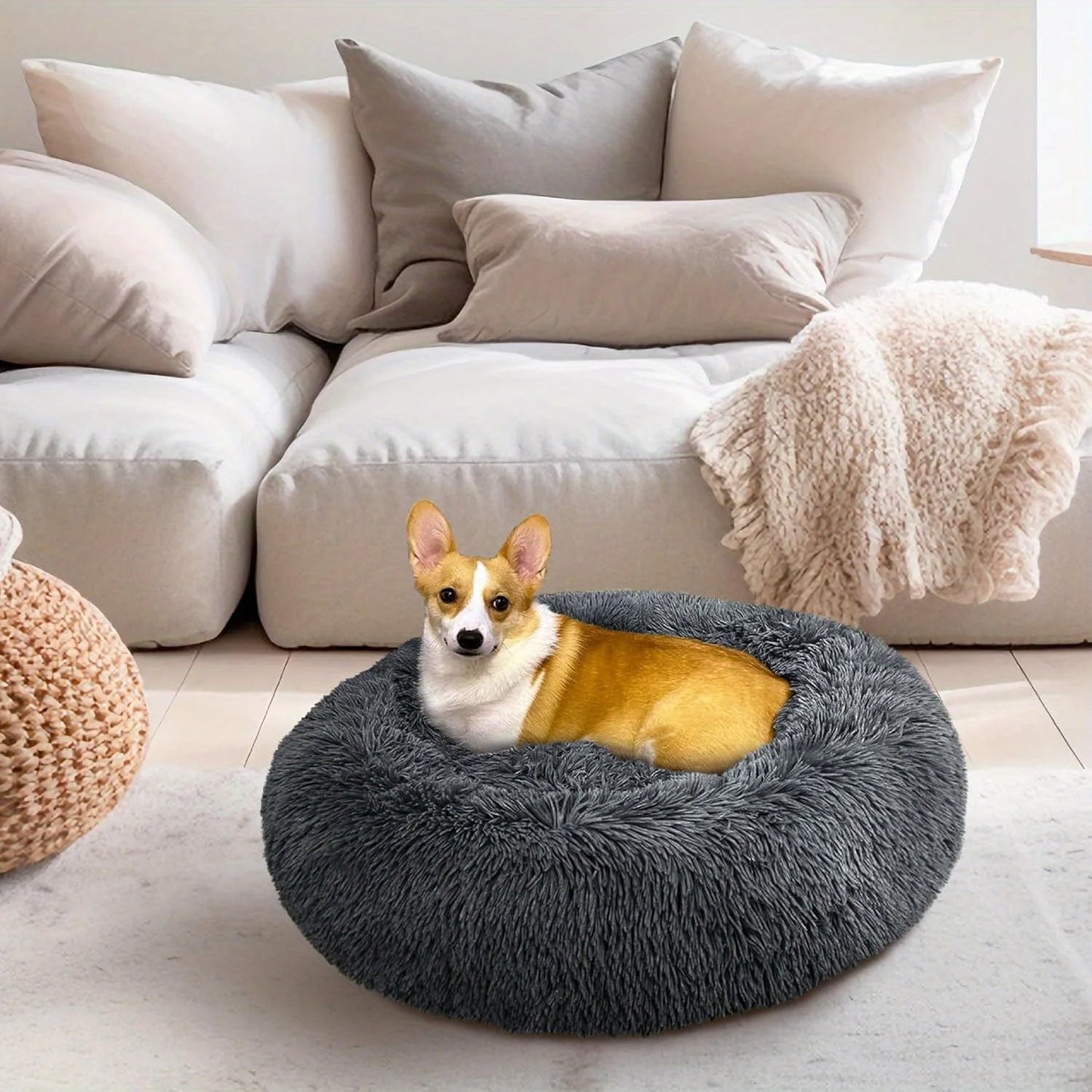 Large-60cm gray-1 PawfectFriend Dog Pet Cat Calming Bed Plush Beds Large Fluffy Donut Comfy Cushion Puppy Mat