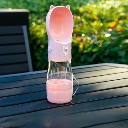 Pink Portable Dog Water Bottle with Built-in Bowl Dispenser - 250ml Water,180ml Food Capacity,Leak-proof for Travel and Walks