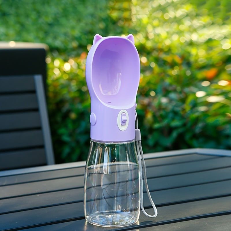 Portable Dog Water Bottle with Bowl Dispenser-500ml Purple Pet Travel Cup, Leak-proof, One-Hand Operation