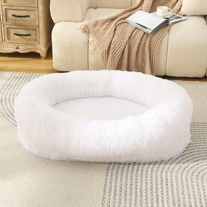 Fluffy Donut-Shaped Pet Bed- Soft, Cozy, and Anti-Anxiety for Dogs and Cats, Machine Washable  White Size:L 90*65*20cm