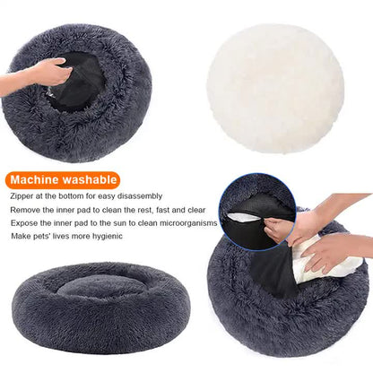 Calming Donut Pet Bed -Soft Faux Fur, Anti-Anxiety Fluffy Round Bed for Cats and Small Dogs (Dark Gray)50cm