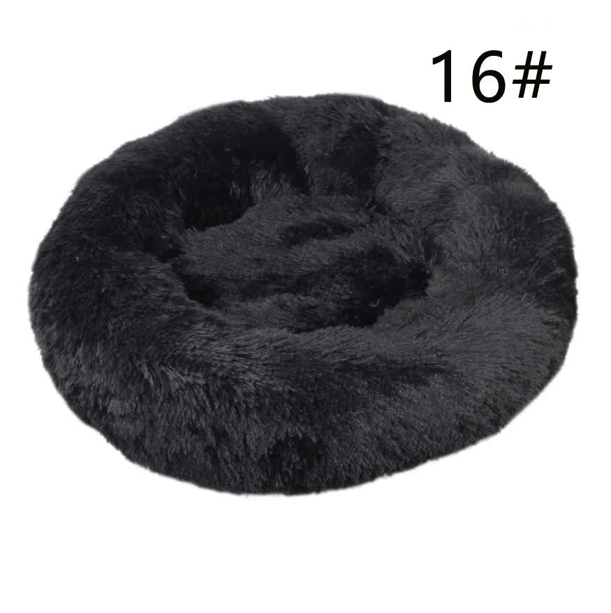 Calming Donut Pet Bed -Soft Faux Fur, Anti-Anxiety Fluffy Round Bed for Cats and Small Dogs (Black)50cm