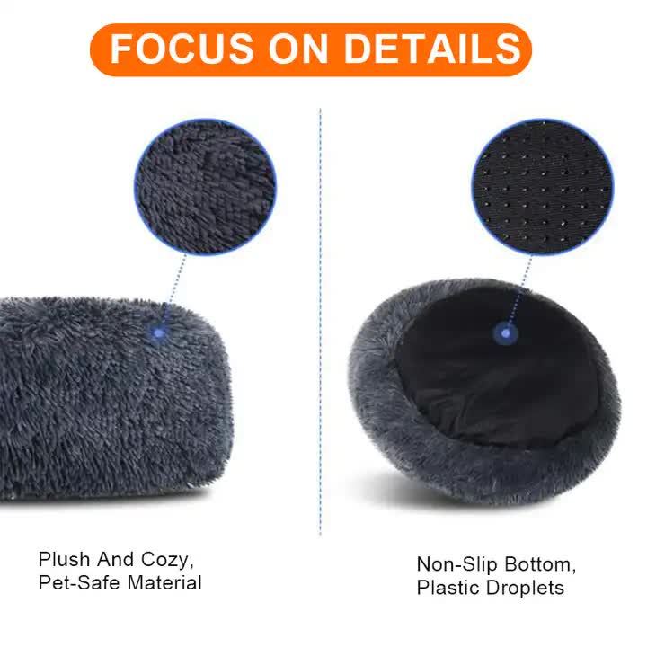 Calming Donut Pet Bed -Soft Faux Fur, Anti-Anxiety Fluffy Round Bed for Cats and Small Dogs (cyan blue)40cm