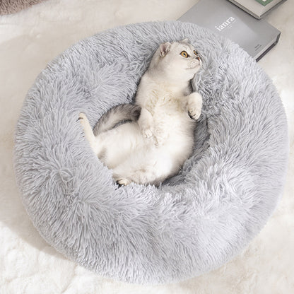 Calming Donut Pet Bed -Soft Faux Fur, Anti-Anxiety Fluffy Round Bed for Cats and Small Dogs (Light Pink)40cm