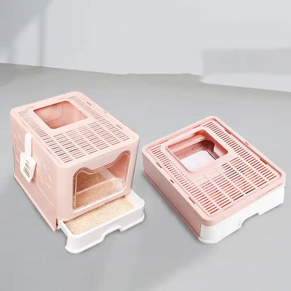 Foldable Cat Litter Box with Pull-Out Tray -Easy Cleaning and Anti-Splash Design  Pink 51*41*38cm