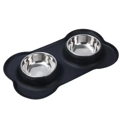 Non-Slip Stainless Steel Double Pet Bowl Set with Spill-Resistant Silicone Mat 45*27cm Black