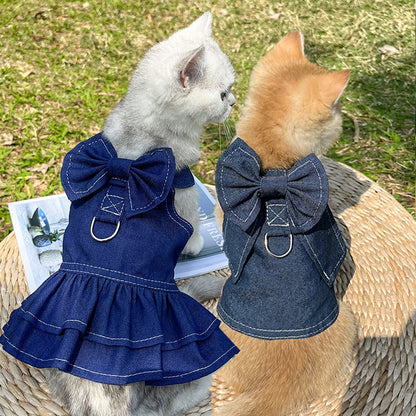 Pet Denim Harness Dress Set (2 Pieces) - M Size (42cm Chest for 5-8 lb Pets) with T-Shirt and Skirt, Bow,and Leash Ring