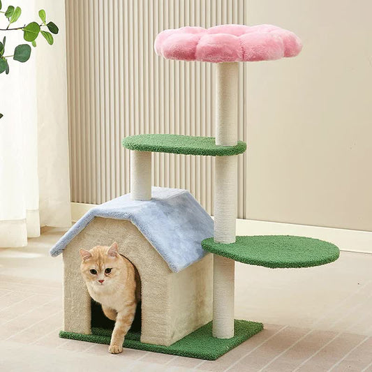 Floral Cat Tree with Cozy Hideaway and Scratching Posts (55x38x92 cm)