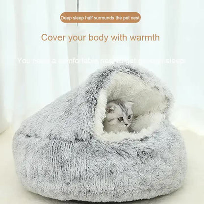 Cozy Coffee Plush Hooded Pet Bed - Ultra Soft Long Fur Cave Bed for Small Pets 40cm