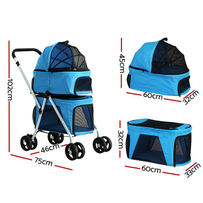 i.Pet Blue Pet Stroller Dog Pram Large Cat Carrier Travel Foldable 4 Wheels Double