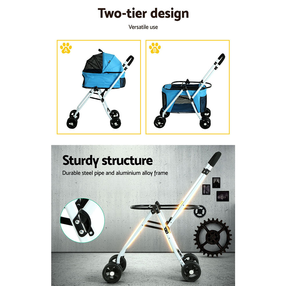 i.Pet Blue Pet Stroller Dog Pram Large Cat Carrier Travel Foldable 4 Wheels Double