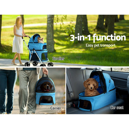 i.Pet Blue Pet Stroller Dog Pram Large Cat Carrier Travel Foldable 4 Wheels Double