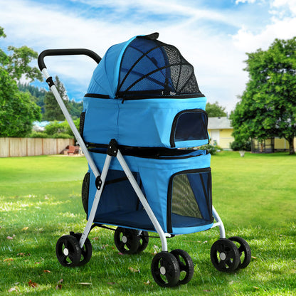 i.Pet Blue Pet Stroller Dog Pram Large Cat Carrier Travel Foldable 4 Wheels Double