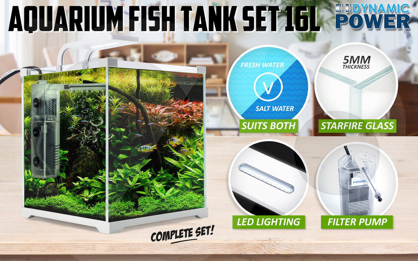 Dynamic Power Aquarium Fish Tank 16L Starfire Glass